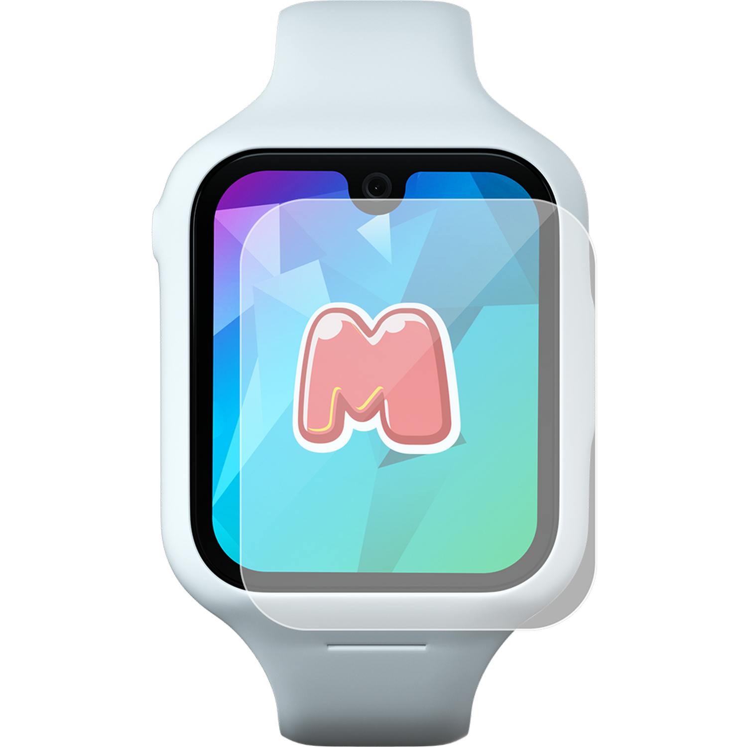Smartwatch screen with a pink ‘M’ logo on a colorful, abstract background.