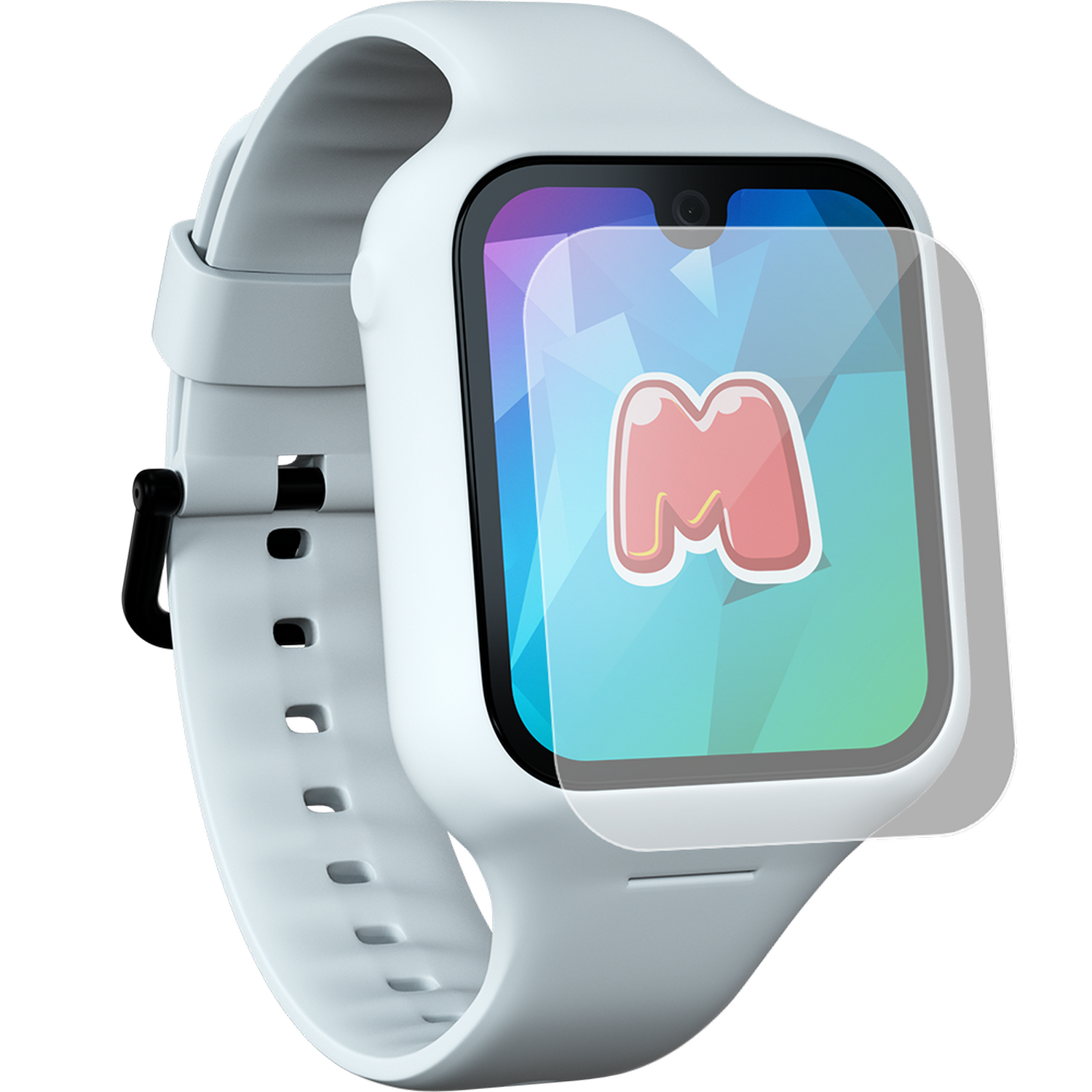 A white smartwatch with a screen protector showing an icon.