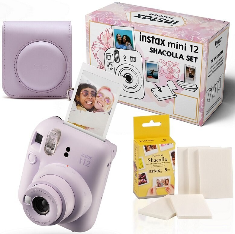 Lawendowy zestaw aparatu Instax Mini 12 z akcesoriami i zdjęciami.
