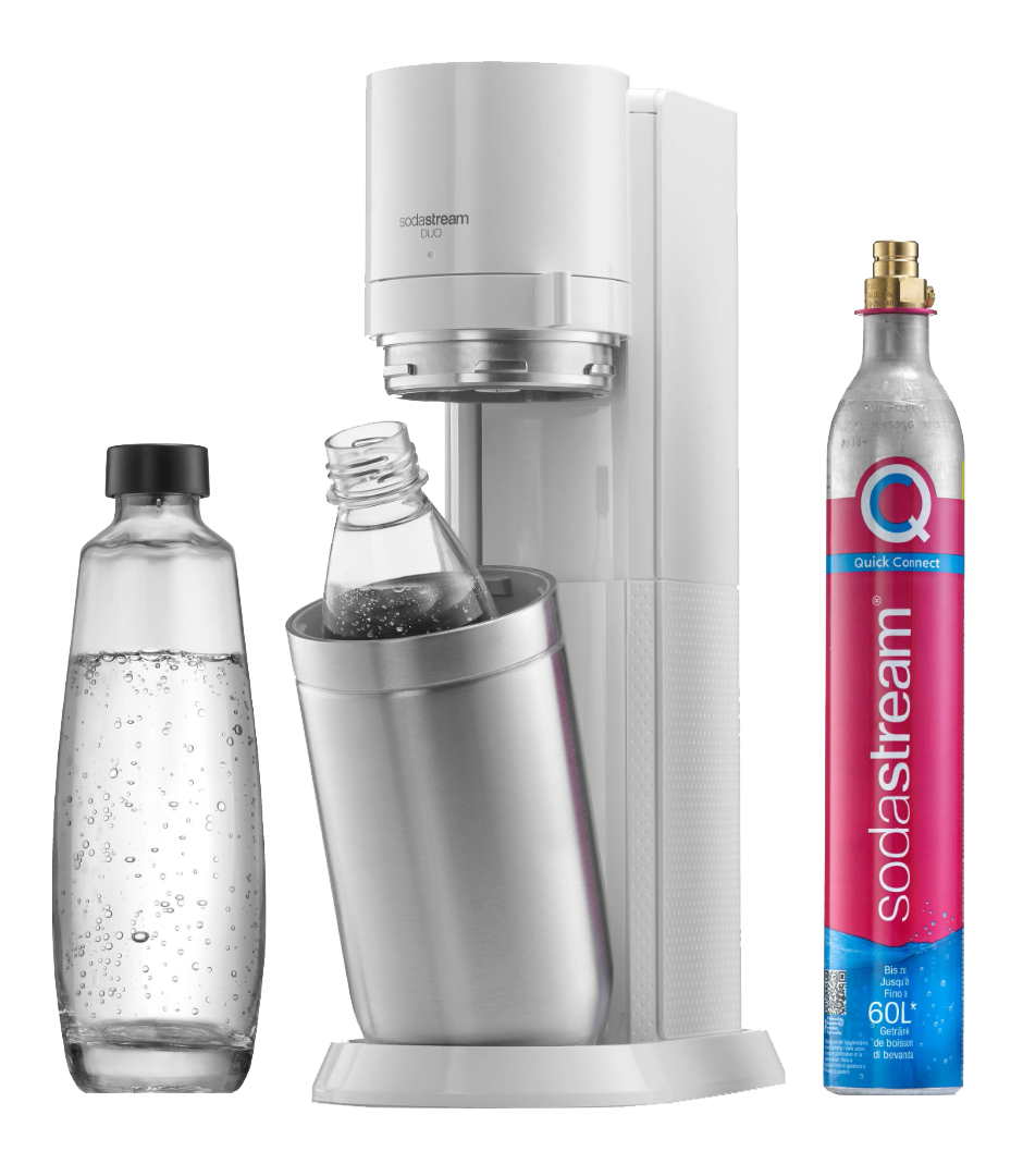 Weiße Sodastream-Maschine mit Flasche und Gaszylinder. Marke Sodastream.