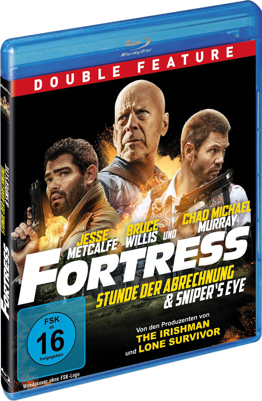 Blu-ray-Disc mit Doppelfunktion, 'Fortress', mit Schauspielern auf dem Cover. Blaues Gehäuse.