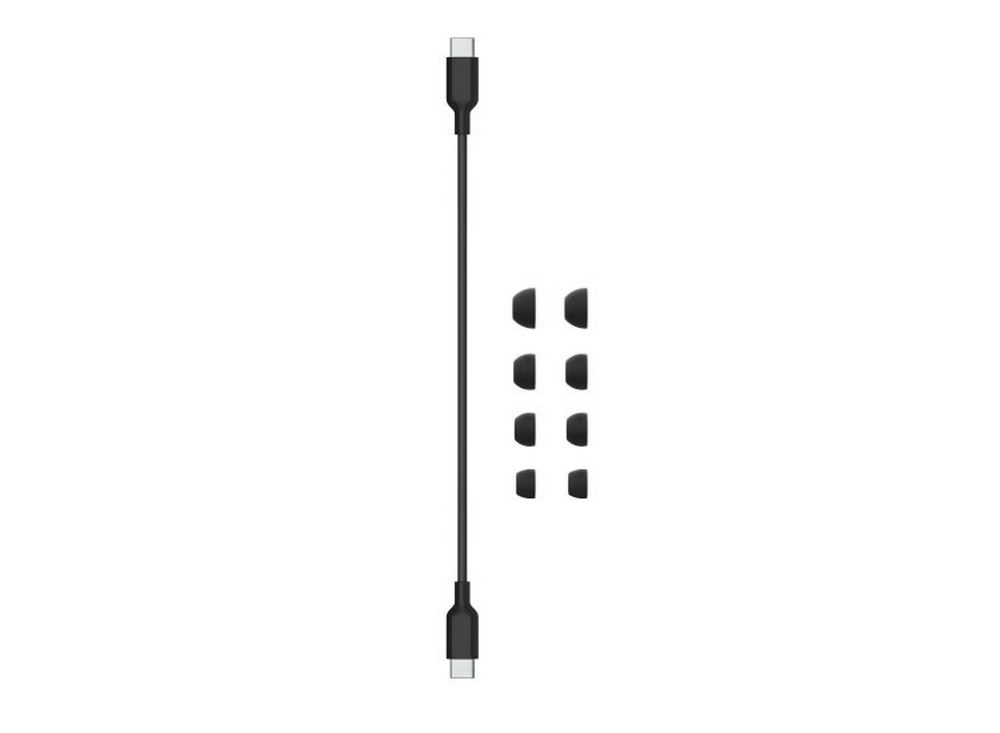Cable de carga negro con conectores USB-C y seis puntas para los oídos negras.