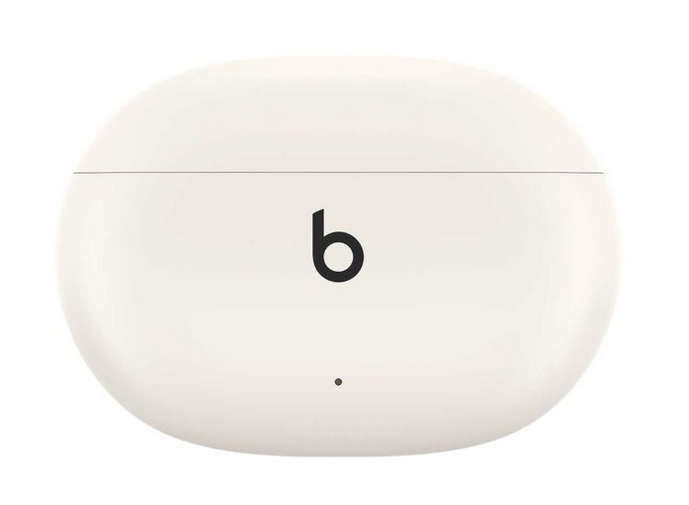 Estuche de auriculares Beats blanco cerrado. El logotipo de Beats es negro en la parte delantera.