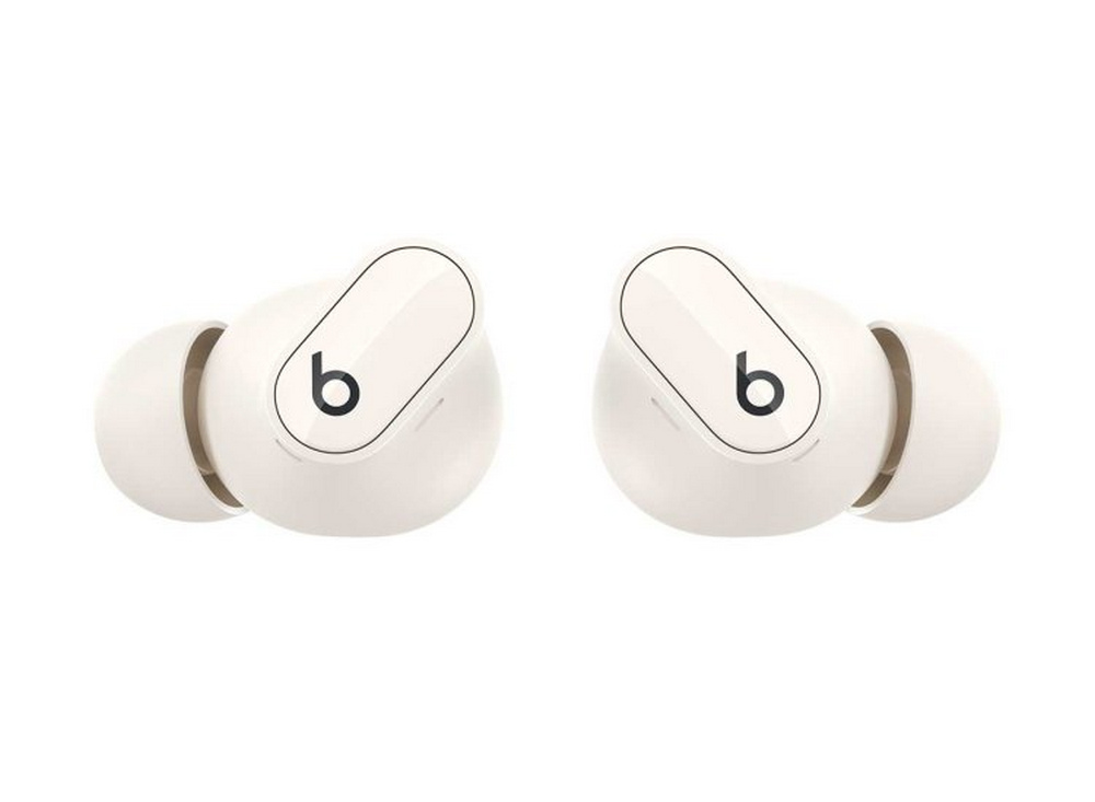 Auriculares inalámbricos blancos con una funda blanca, sobre un fondo blanco.