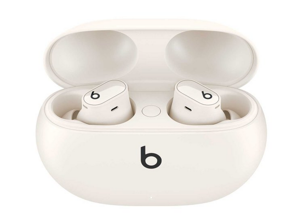 Estuche de auriculares blanco con auriculares dentro y un logotipo 'b' en el estuche.