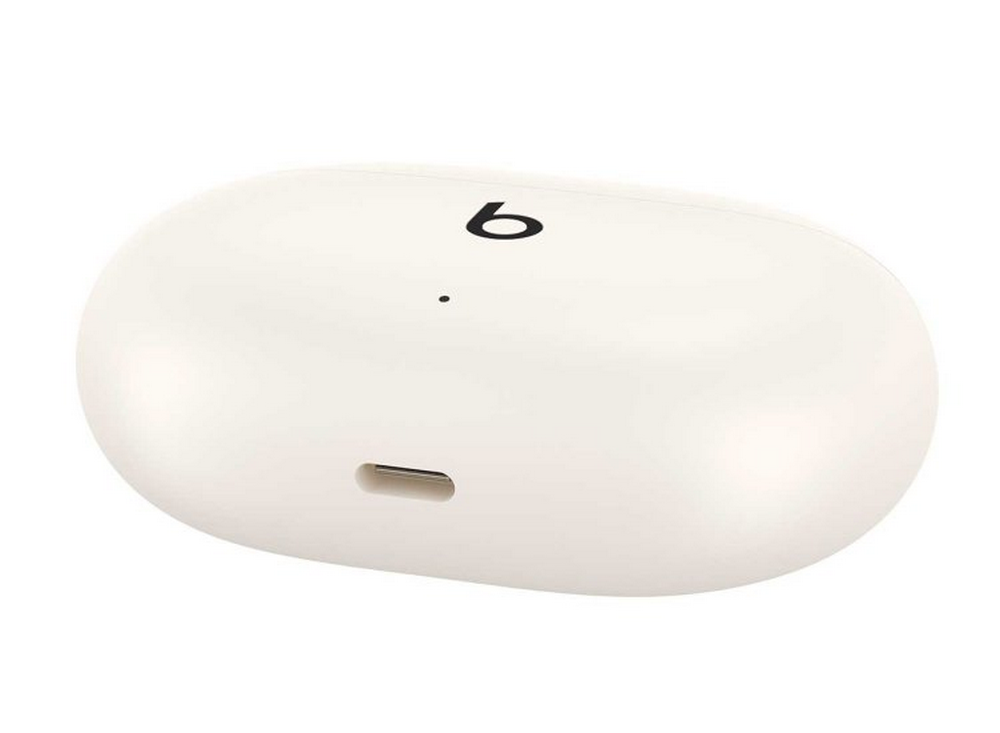 Estuche de carga blanco para auriculares inalámbricos con logotipo.