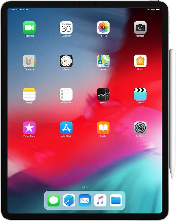 Ein iPad mit App-Symbolen auf rotem und blauem Hintergrund und einem weißen Stift daneben.