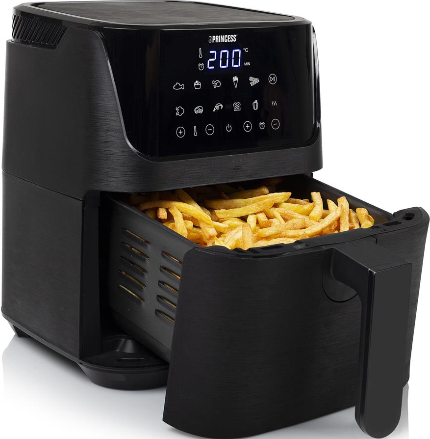 Friggitrice ad aria nera con cestello aperto pieno di patatine; display digitale visibile.