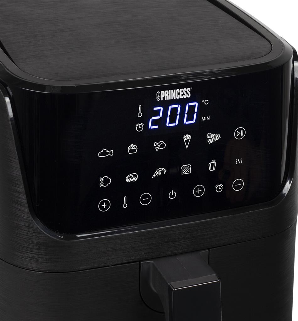 Friggitrice ad aria nera con display digitale che mostra 200 gradi. Ha preimpostazioni di cottura.