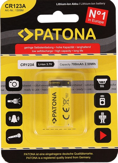 Patona CR123A Batteriepackung mit Text und Symbolen.