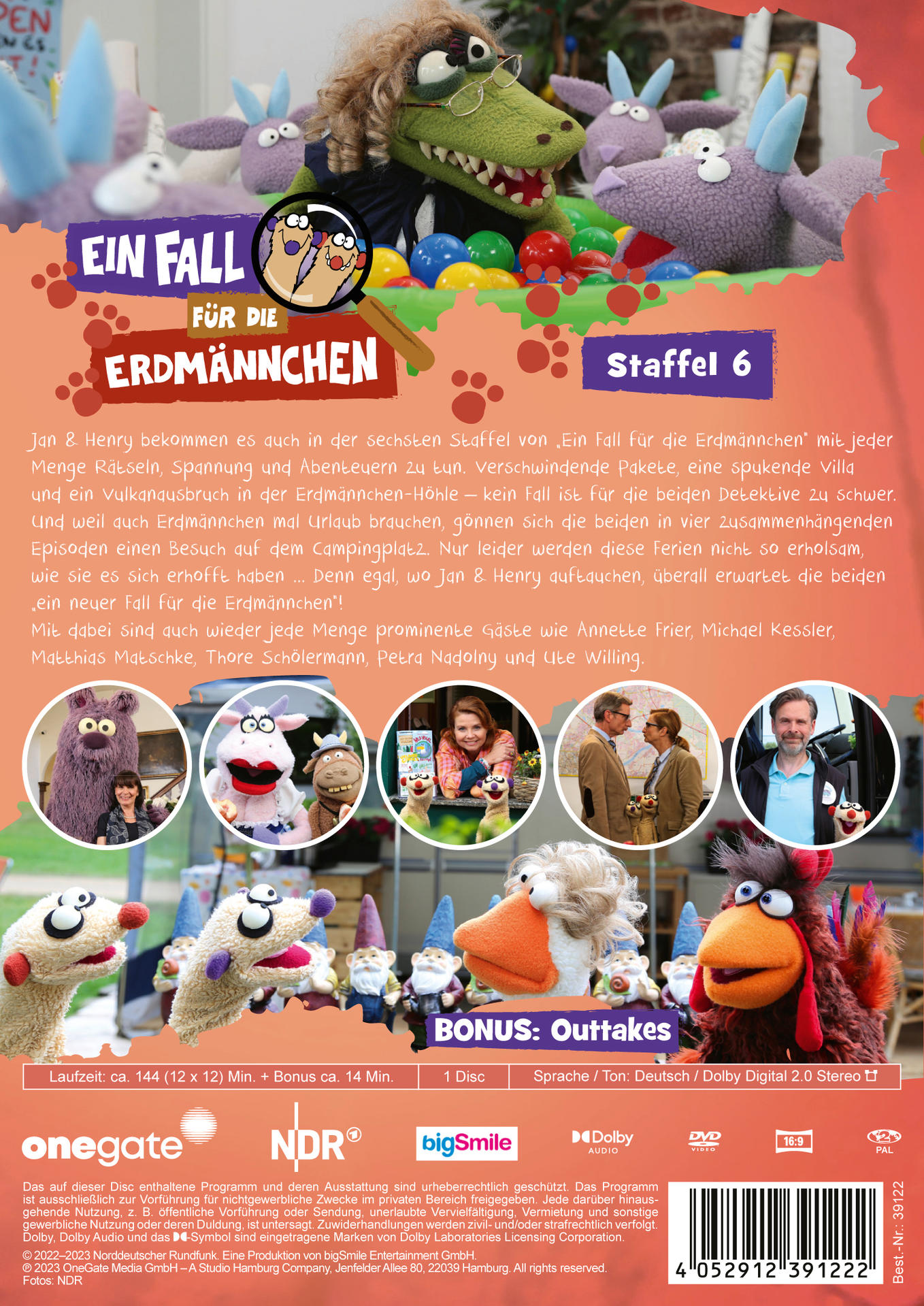 DVD-Cover für 'Ein Fall für die Erdmännchen' mit Zeichentrickfiguren und Text auf Deutsch.