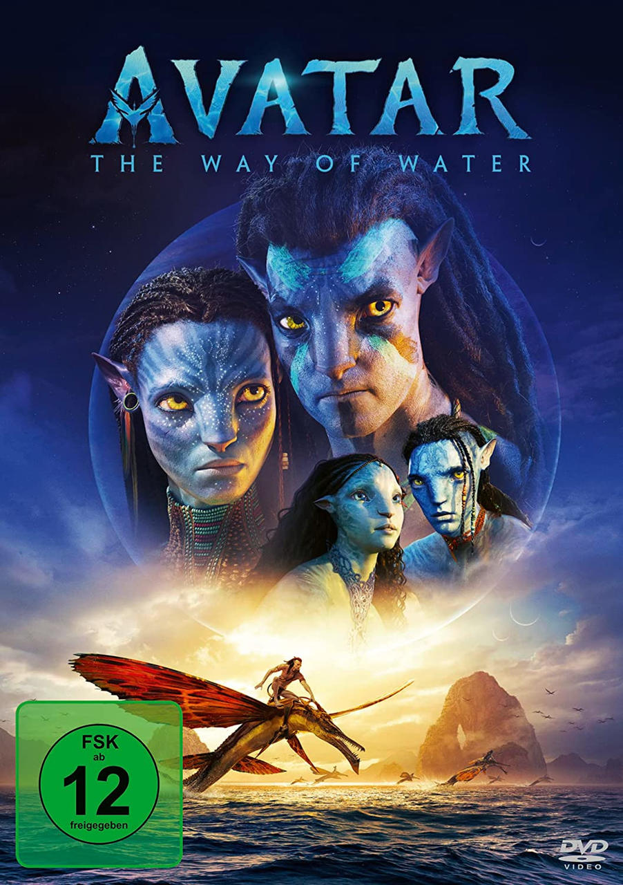 Avatar: The Way of Water DVD-Cover. Charaktere in Blau, mit malerischer Wasser- und Himmelskulisse.
