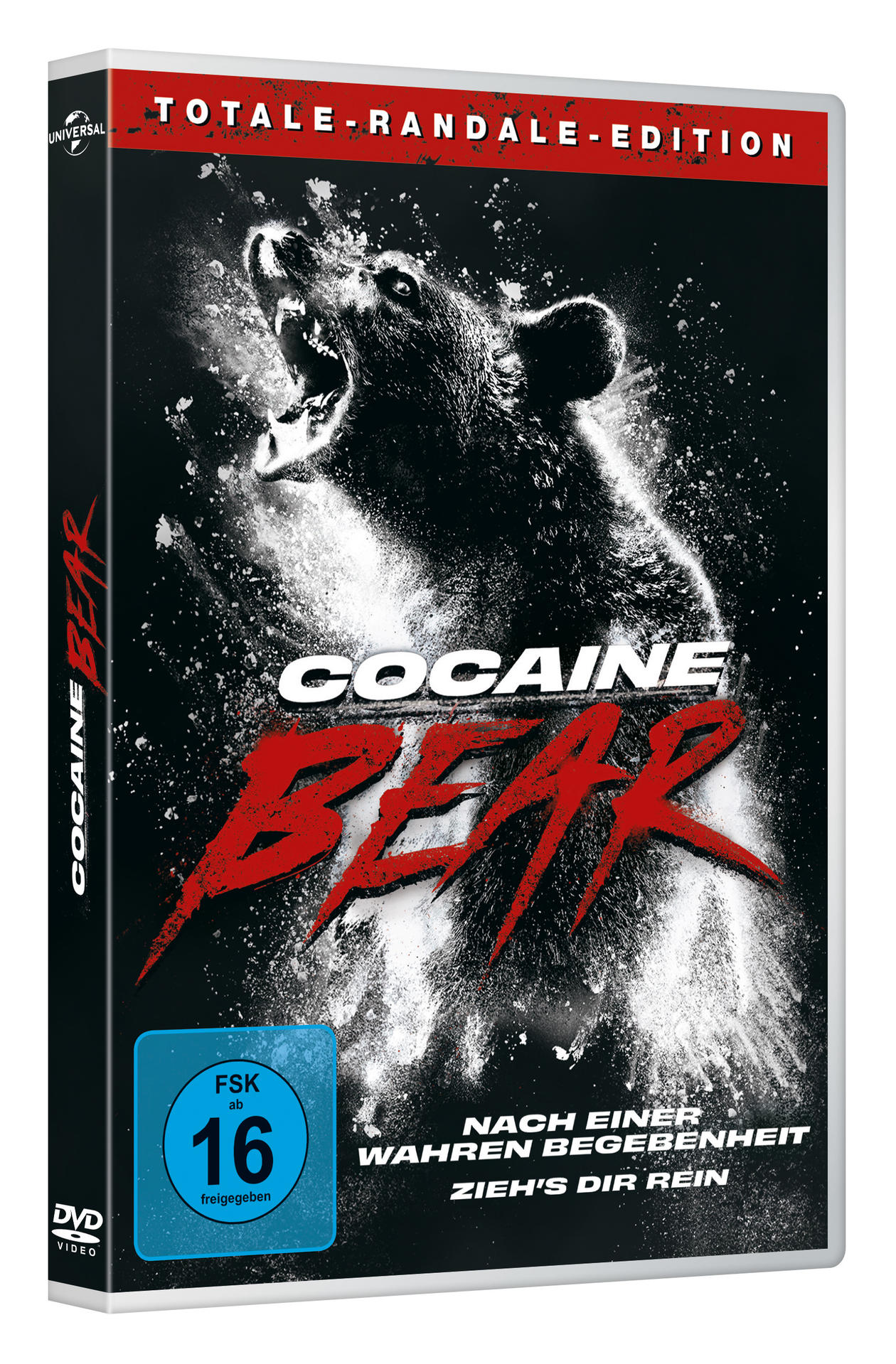 Film-DVD-Cover mit brüllendem Bären und dem Titel „Cocaine Bear“.