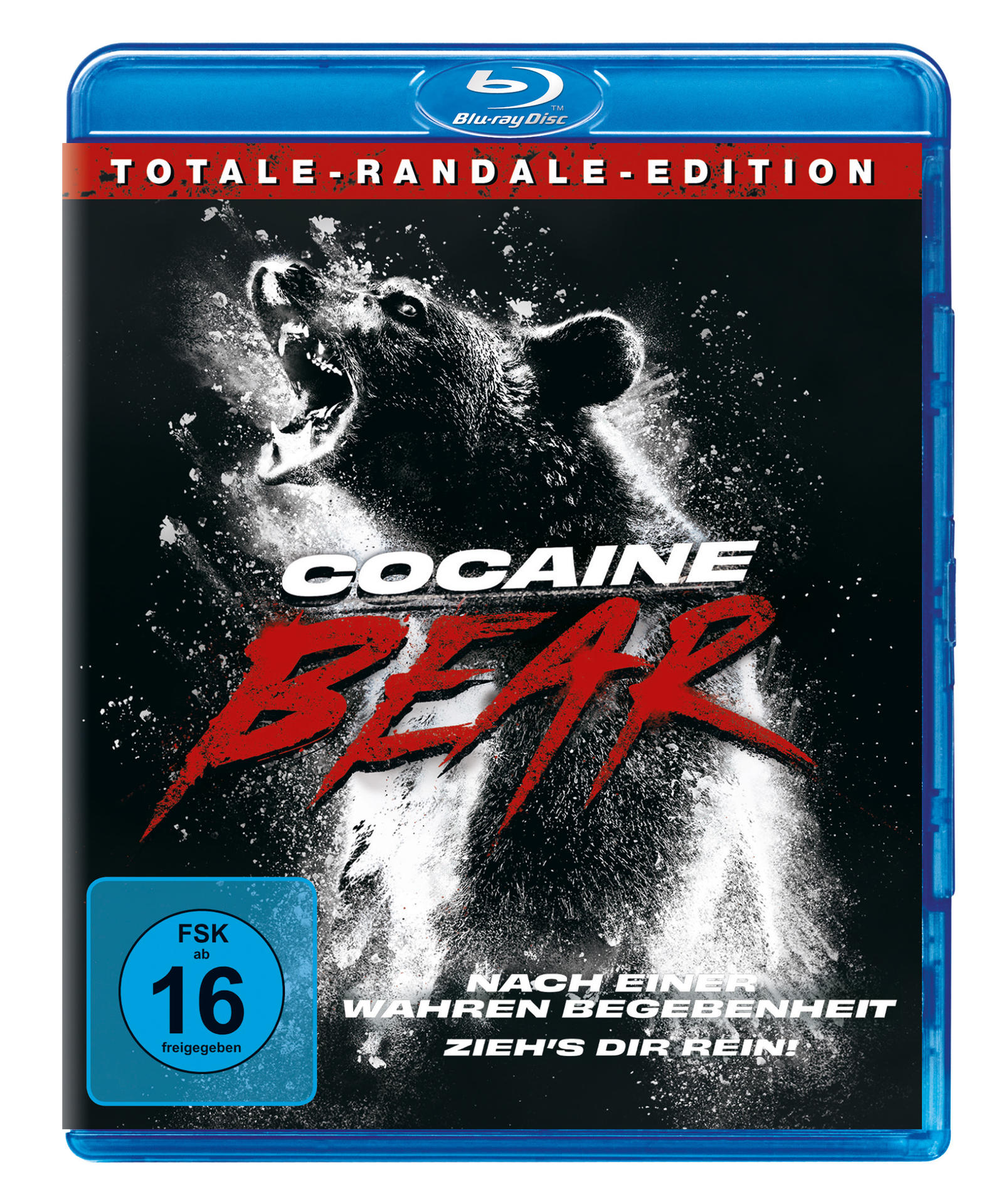Filmcover: Bär mit offenem Maul und weißem Pulver. Titel: Cocaine Bear.