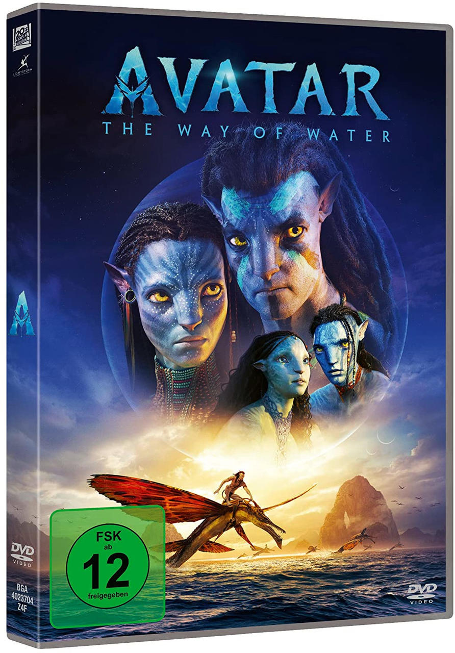 DVD-Hülle von Avatar: The Way of Water, mit Charakteren und einem Boot mit Menschen im Ozean.