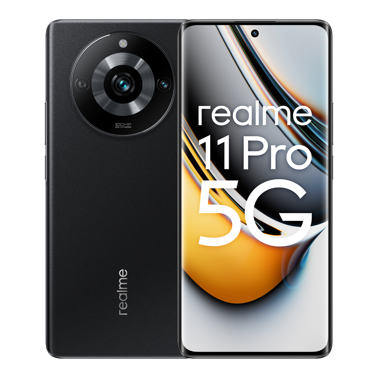Smartphone Realme 11 Pro 5G negro. El teléfono tiene un diseño de cámara circular. La pantalla muestra un fondo de pantalla.