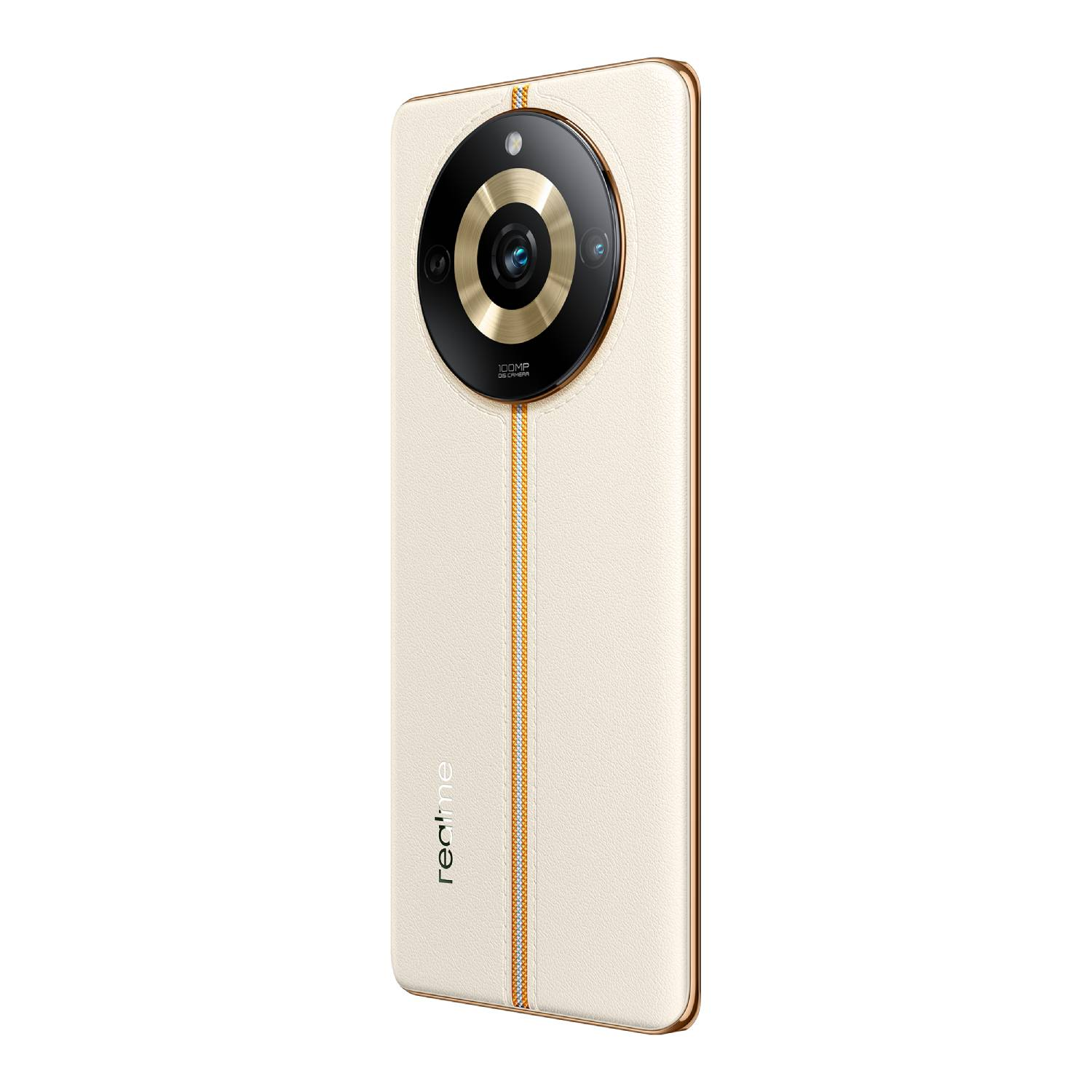 Un smartphone blanco y dorado con un módulo de cámara grande y una franja vertical dorada.