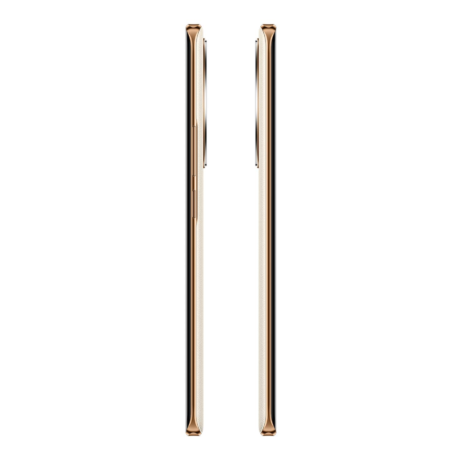 Dos teléfonos inteligentes dorados, vista lateral, dispuestos verticalmente sobre un fondo blanco.