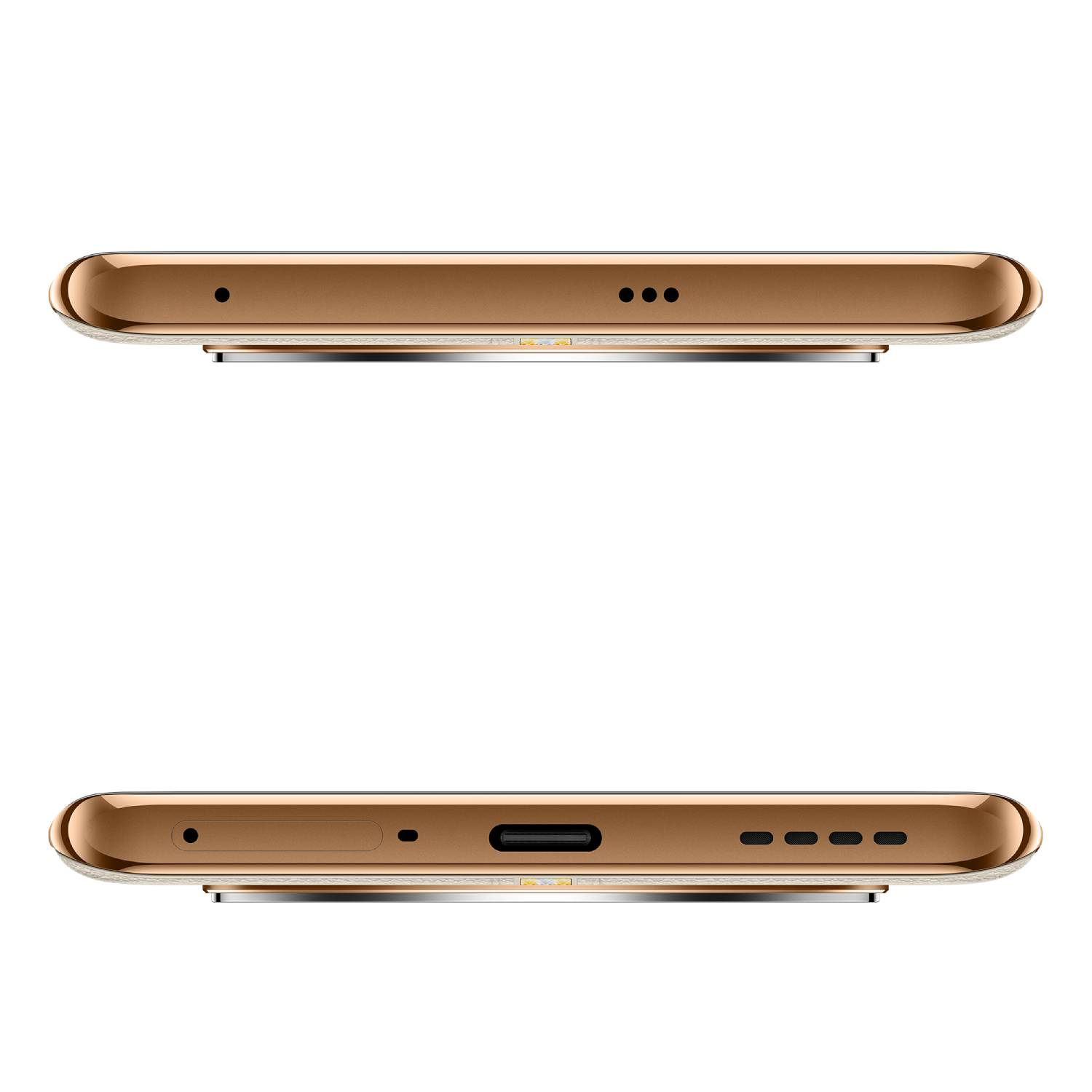 Vista superior e inferior de un smartphone dorado. Cuenta con altavoz y puertos de carga.