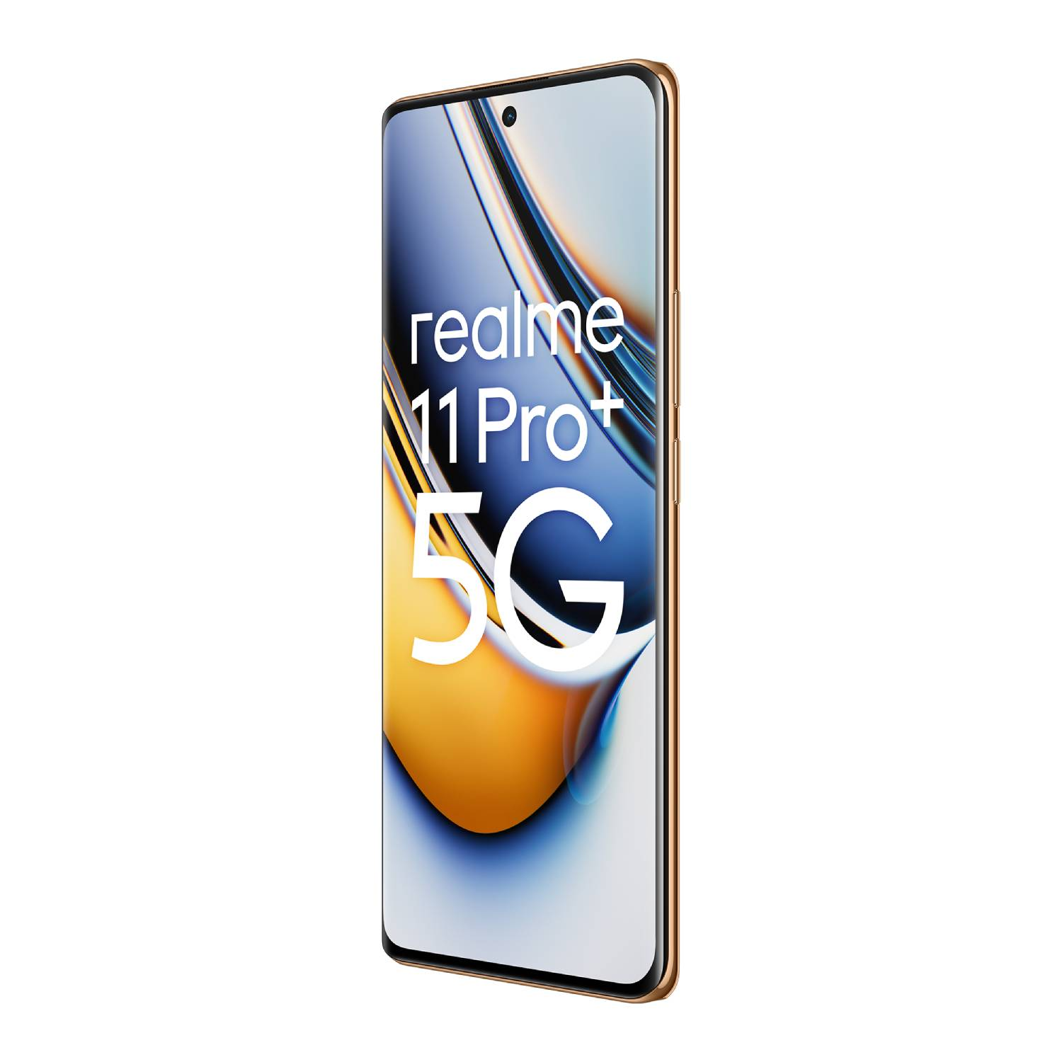 Un smartphone dorado que muestra el logotipo Realme 11 Pro+ 5G.