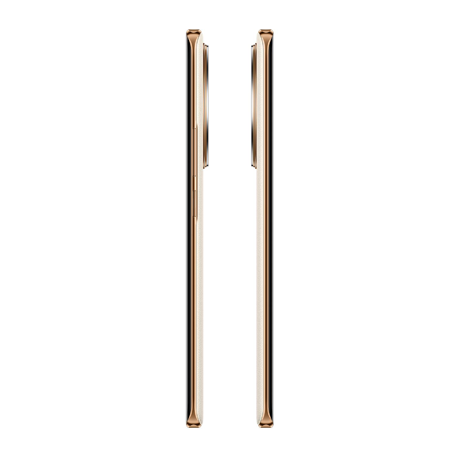 Dos teléfonos, vista lateral, color dorado con fondo blanco.