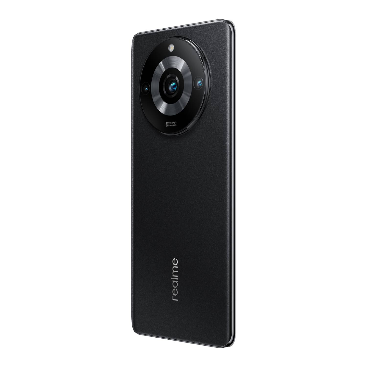 Smartphone negro con un gran módulo de cámara circular y el logo realme.