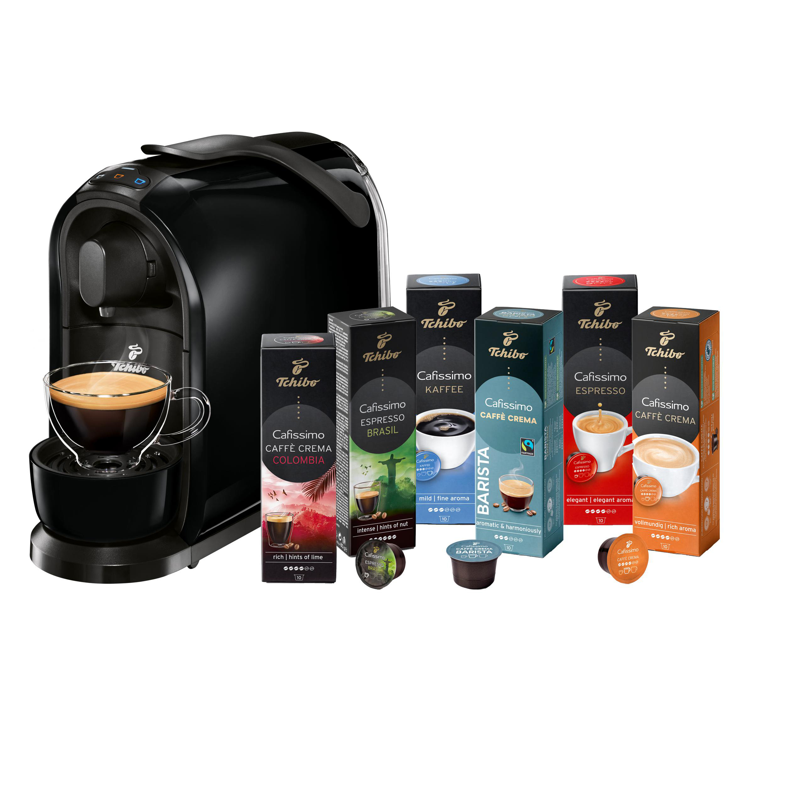 TCHIBO CAFISSIMO Schwarz Pure 60 Kapselmaschine Kapseln Caffè Crema) + Filterkaffee, (Espresso