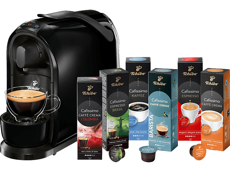 TCHIBO CAFISSIMO Schwarz Pure 60 Kapselmaschine Kapseln Caffè Crema) + Filterkaffee, (Espresso
