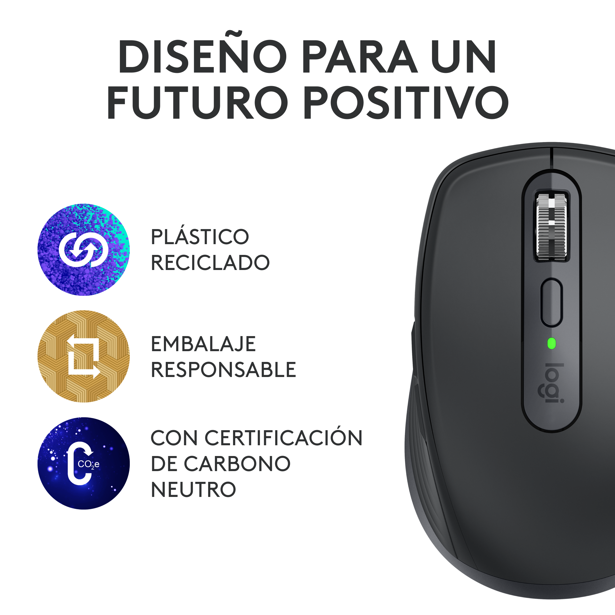 Un ratón inalámbrico negro con símbolos de reciclaje, ecológico y carbono neutral, con la marca logi.