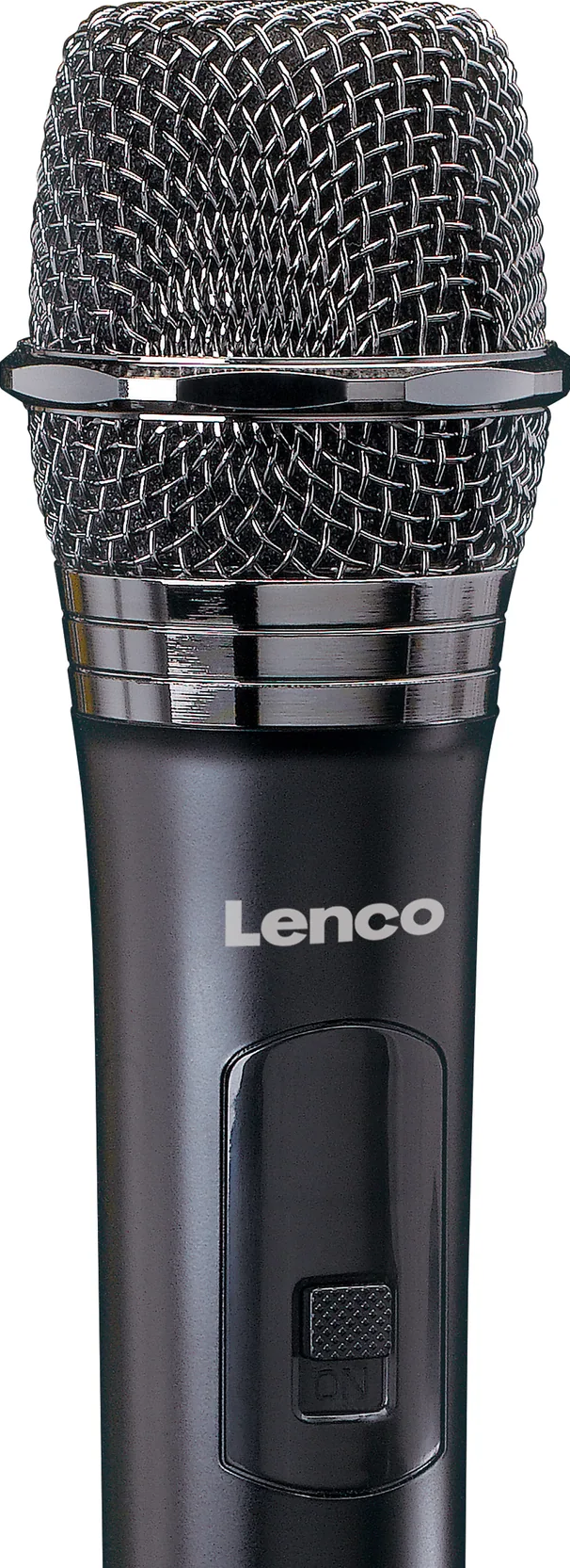 Nahaufnahme eines schwarzen Mikrofons mit Maschenkopf und 'Lenco'-Logo.
