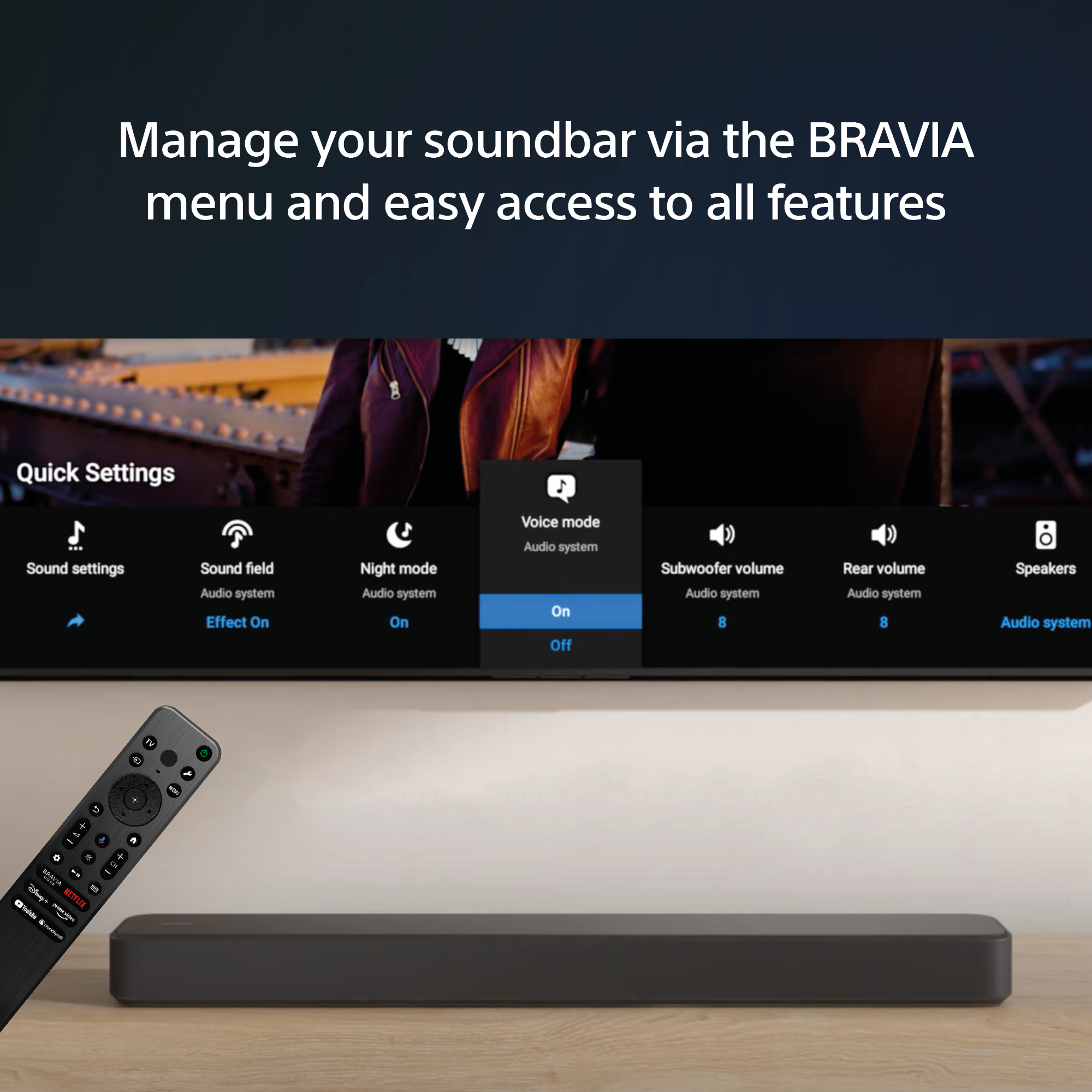 Schermo TV con menu impostazioni. Soundbar e telecomando visibili.