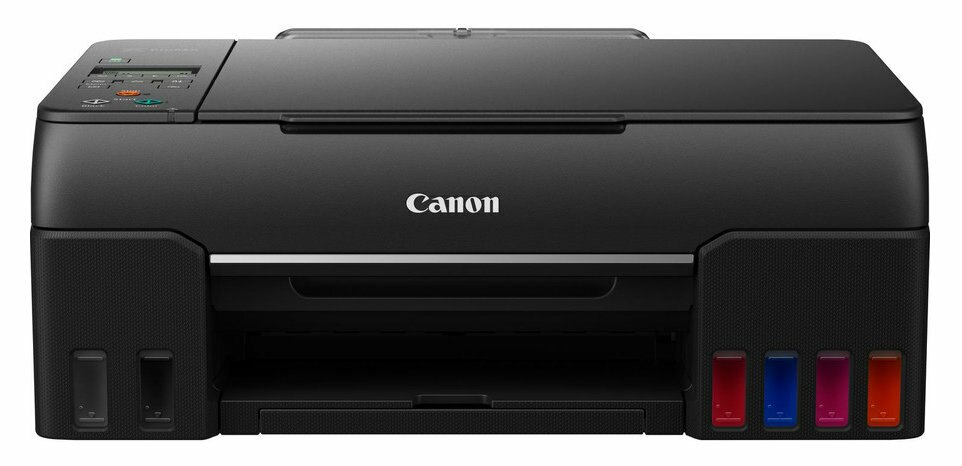 Czarna drukarka Canon. Drukarka ma kilka widocznych wkładów atramentowych i panel sterowania u góry.