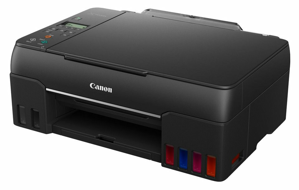 Czarna drukarka atramentowa Canon z pojemnikami na tusz i podajnikiem papieru, ustawiona pod kątem.