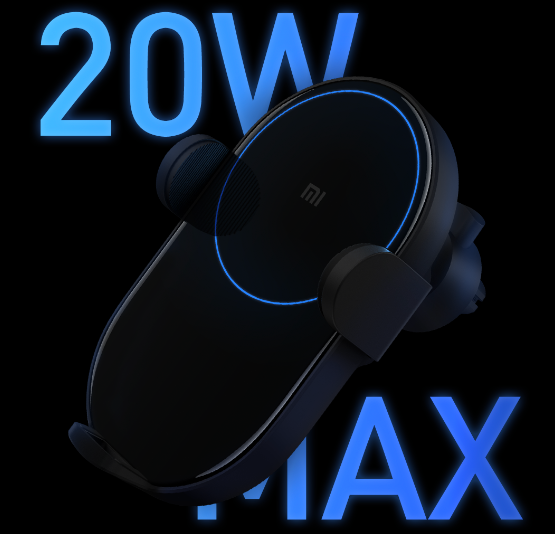 Un chargeur de voiture sans fil noir avec des accents de lumière bleue, et le texte "20W MAX" sur fond noir.