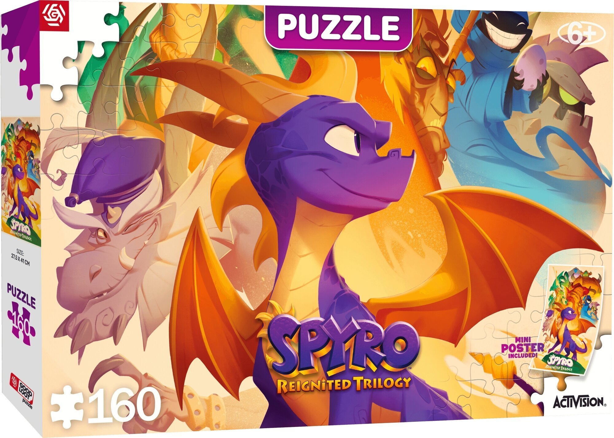 Pudełko z puzzlami Spyro Reignited Trilogy z wizerunkami smoków.