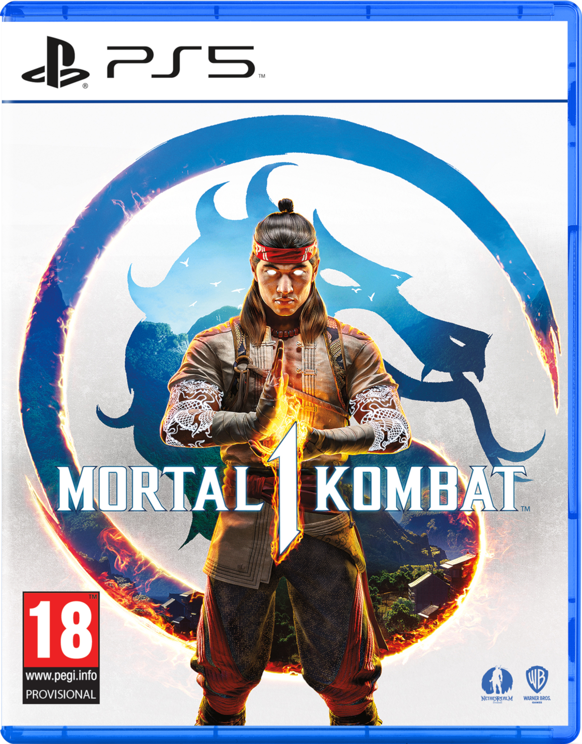 Jaquette du jeu PS5 de Mortal Kombat 1. Un personnage est au centre, avec un dragon.