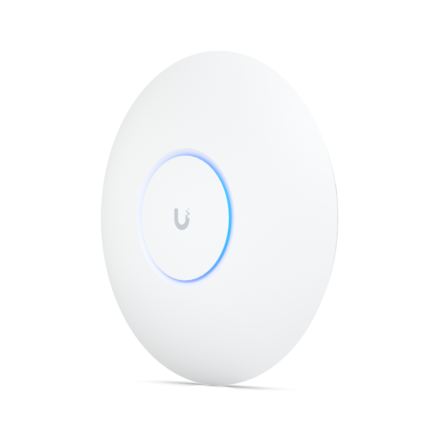 Weißer Ubiquiti Access Point. Blaues Licht um die Mitte mit einem U-Logo.