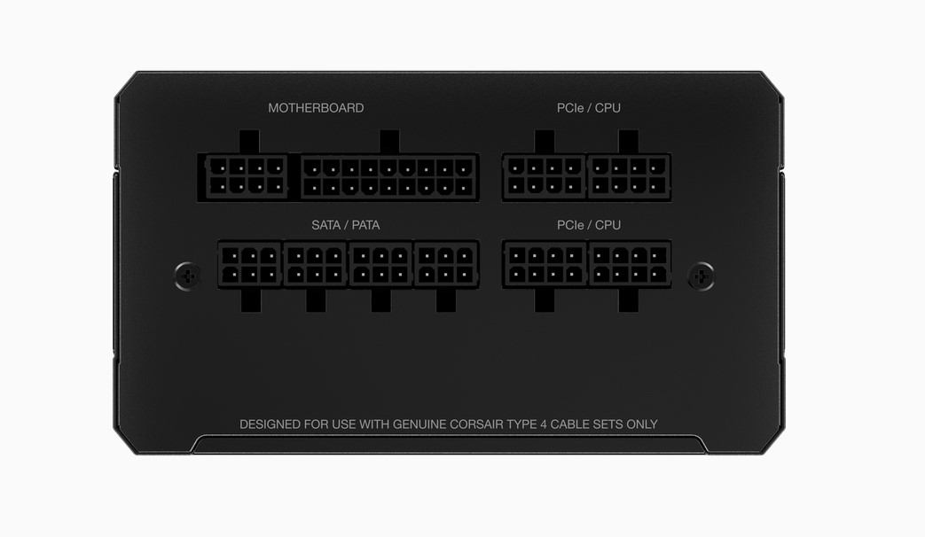 Siyah PSU, 'Motherboard', 'SATA/PATA' ve 'PCIe/CPU' olarak etiketlenmiş çoklu bağlantı noktalarıyla.