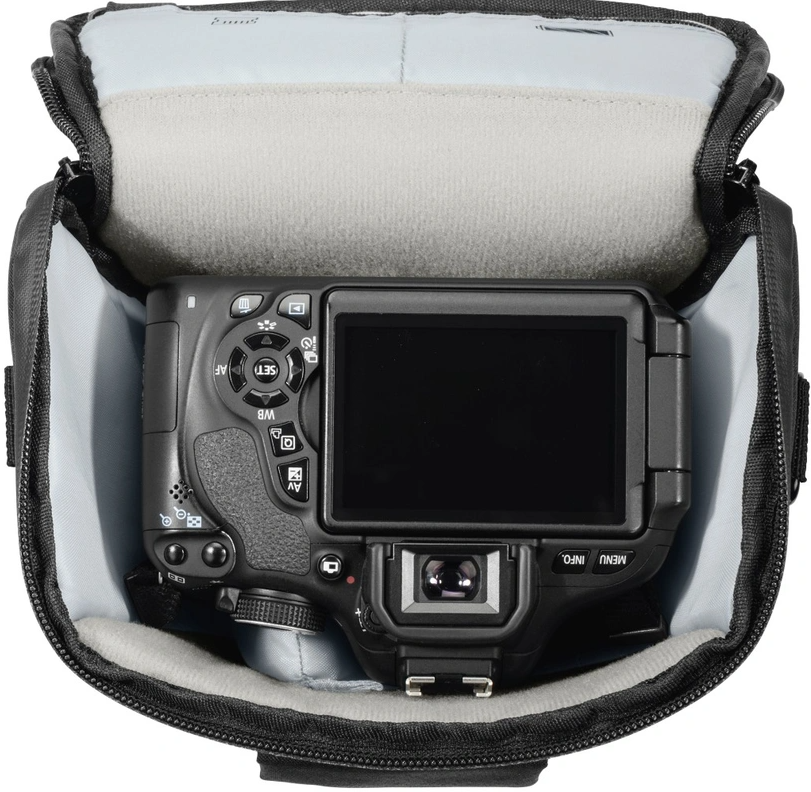 A camera inside a protective camera bag, top view.