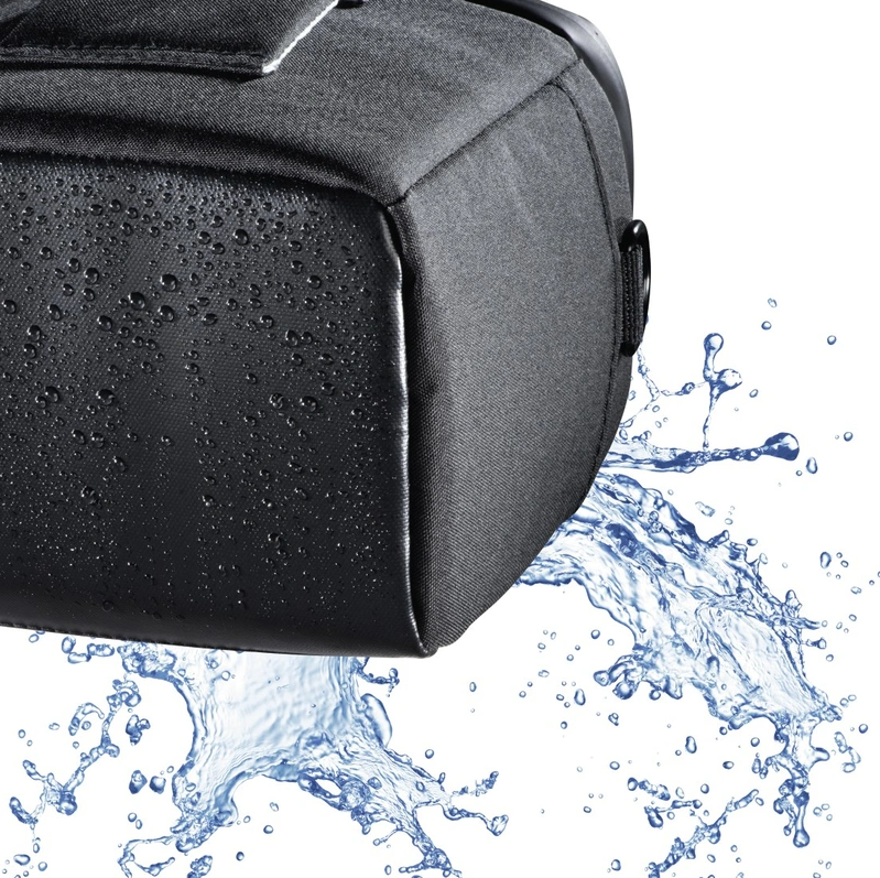 Black bag with water droplets and splashes. The bag appears to be waterproof.