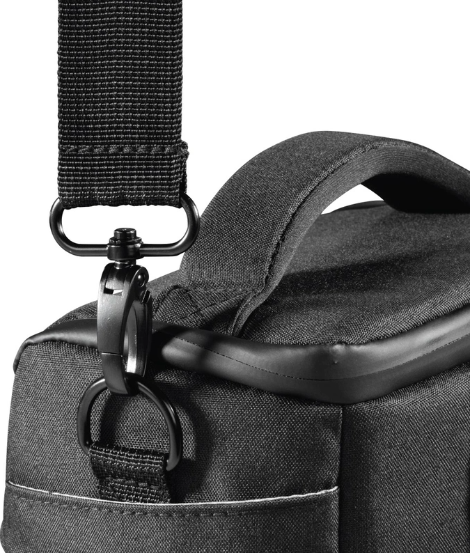 Black camera bag strap with a clasp.