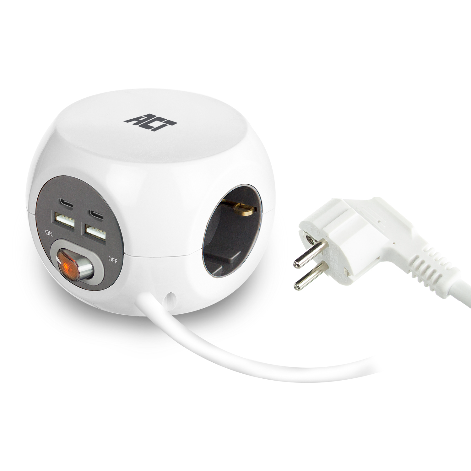 Een witte, kubusvormige stekkerdoos met USB-poorten en een aparte stekker.