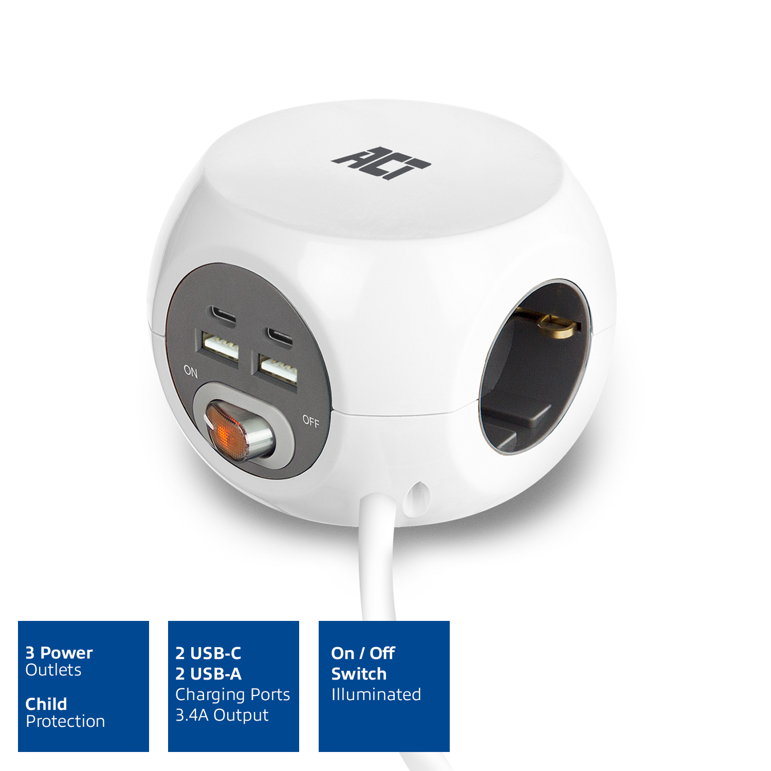 Witte stroomadapterkubus met USB- en stopcontacten. Hij heeft een schakelaar en kinderbeveiliging.