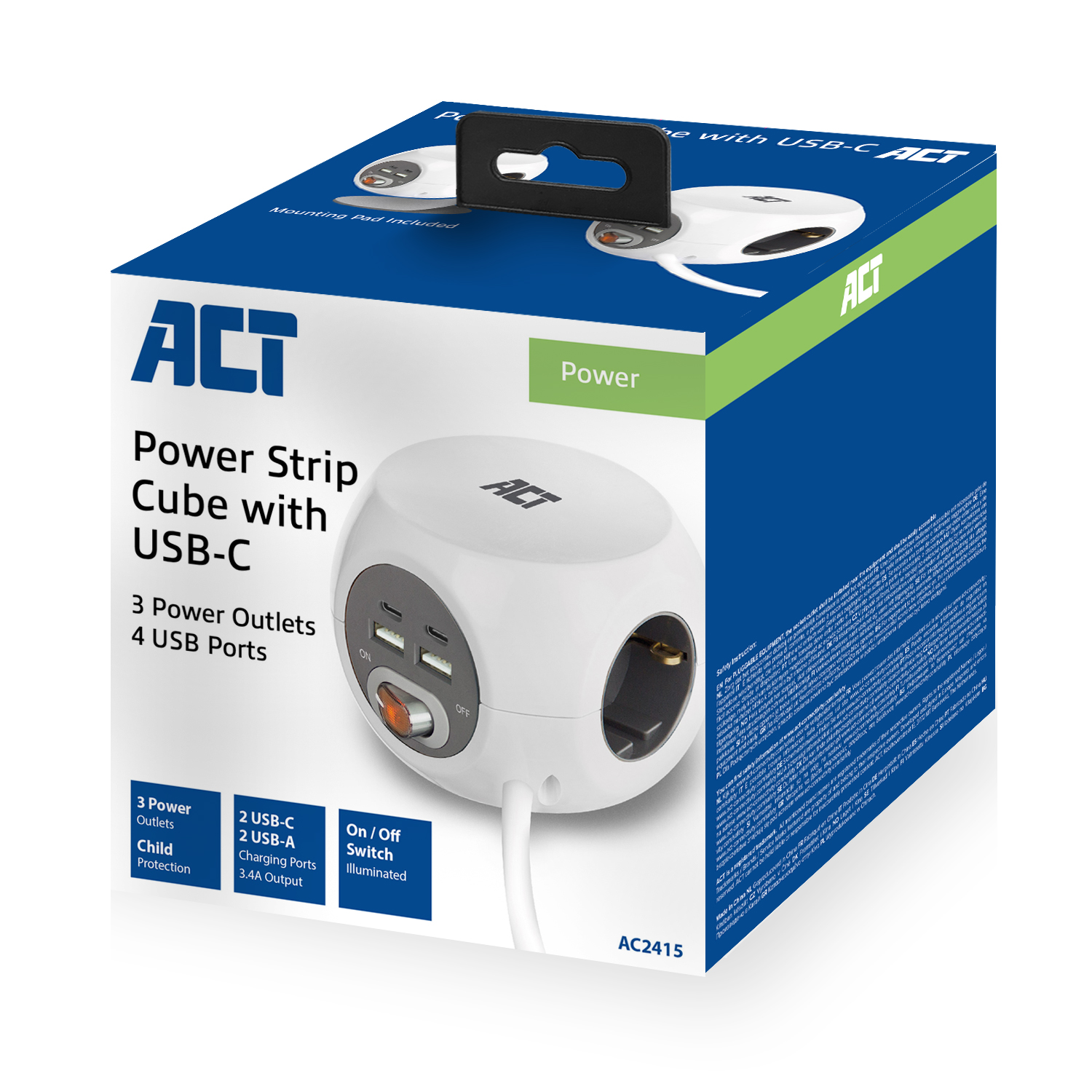Witte stekkerdoos kubus met USB-C poorten, in een blauw-witte doos. Tekst: Power Strip Cube with USB-C.