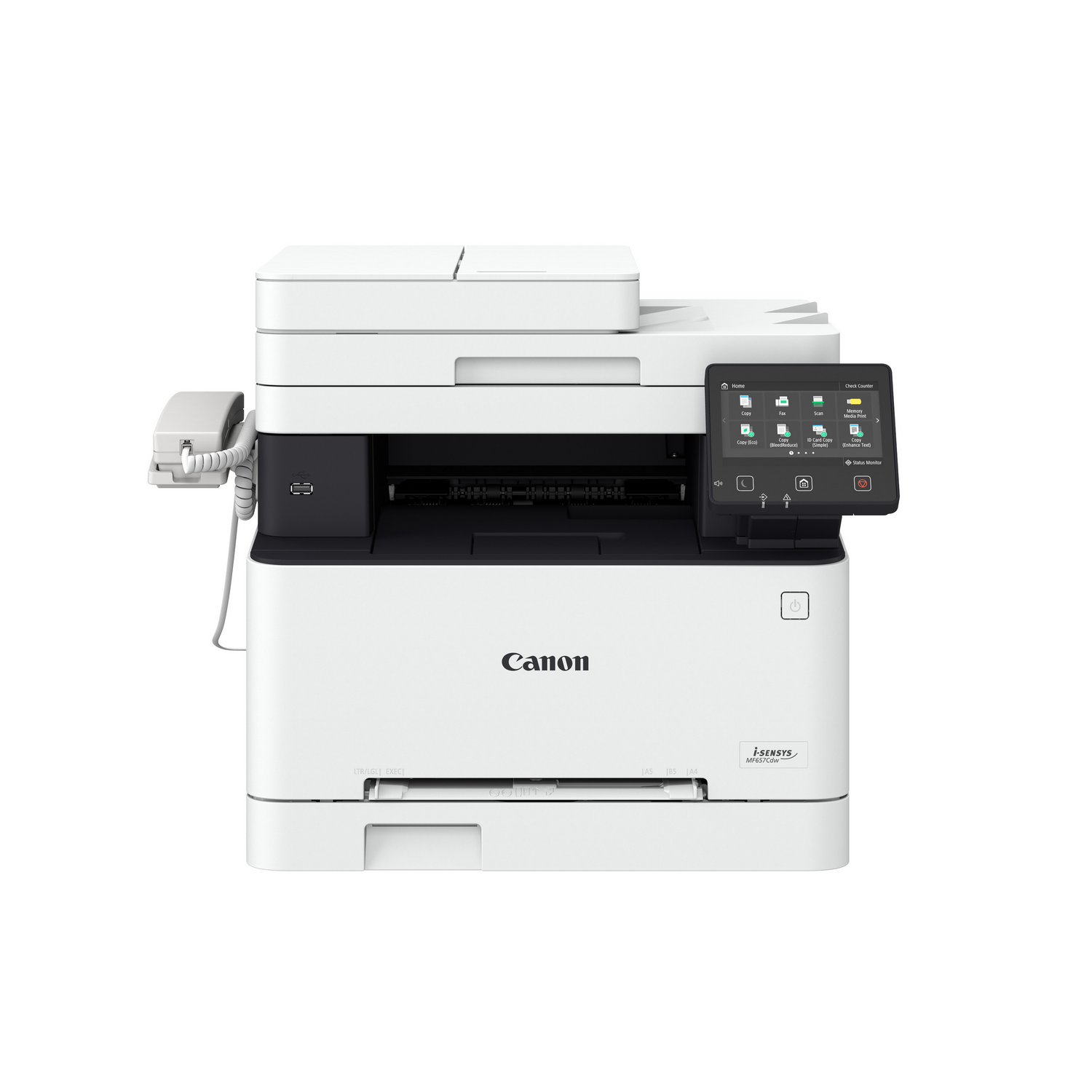 Une imprimante Canon blanche avec téléphone et écran tactile, isolée sur fond blanc.