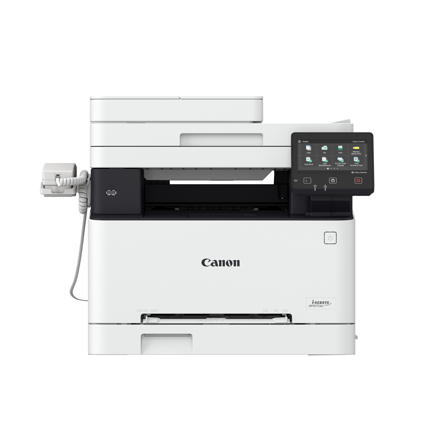 Une imprimante Canon, blanche avec un panneau de commande en haut et un bac à papier en dessous.