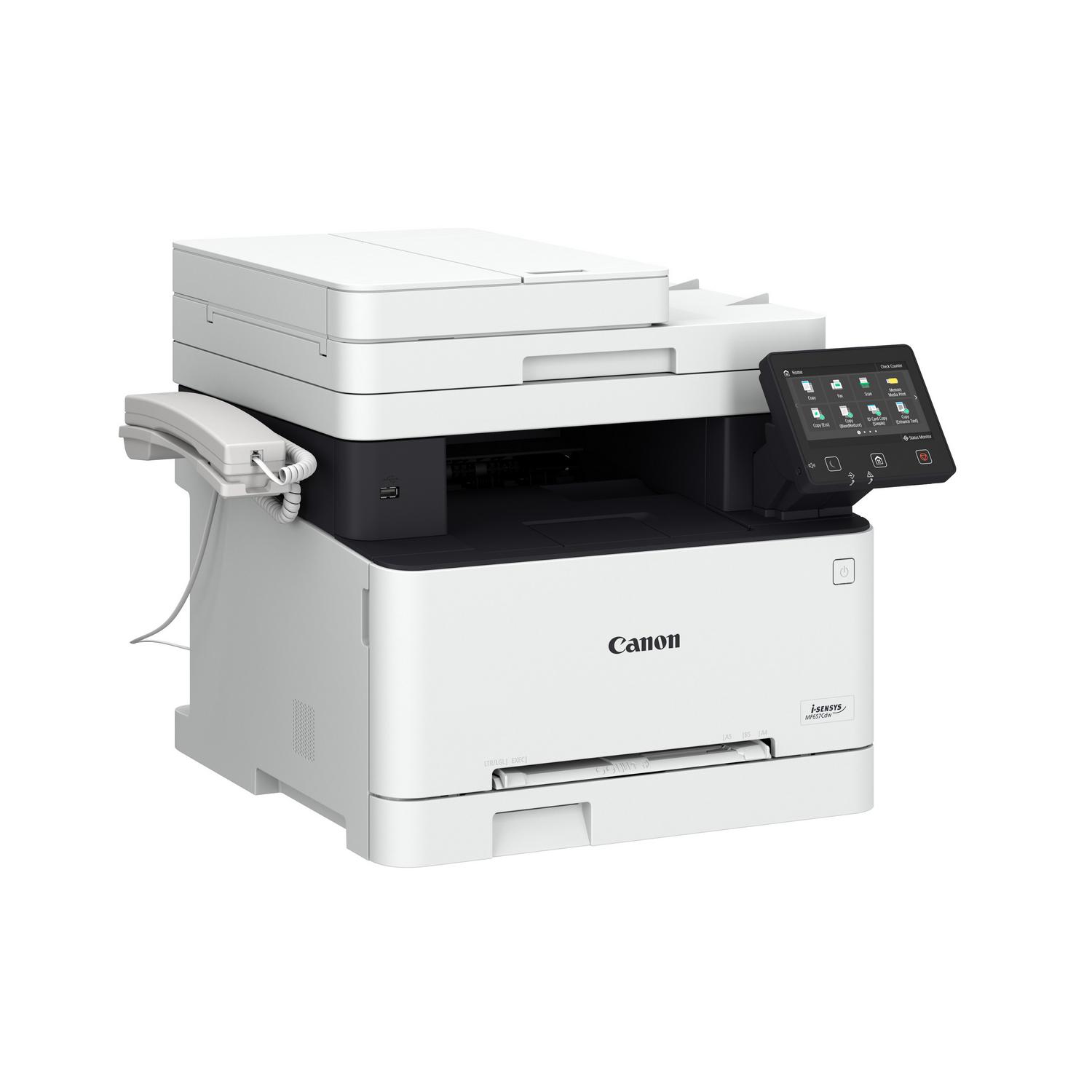 Imprimante Canon blanche, avec combiné téléphonique attaché et panneau de commande à écran tactile sur le côté droit.