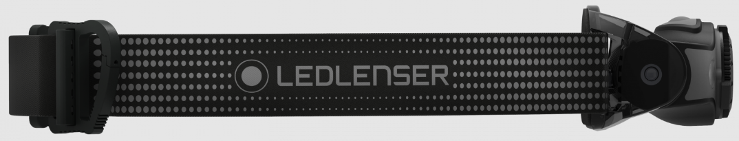 Fekete LEDLENSER fejlámpa pánttal és a márkanevet rányomtatva.