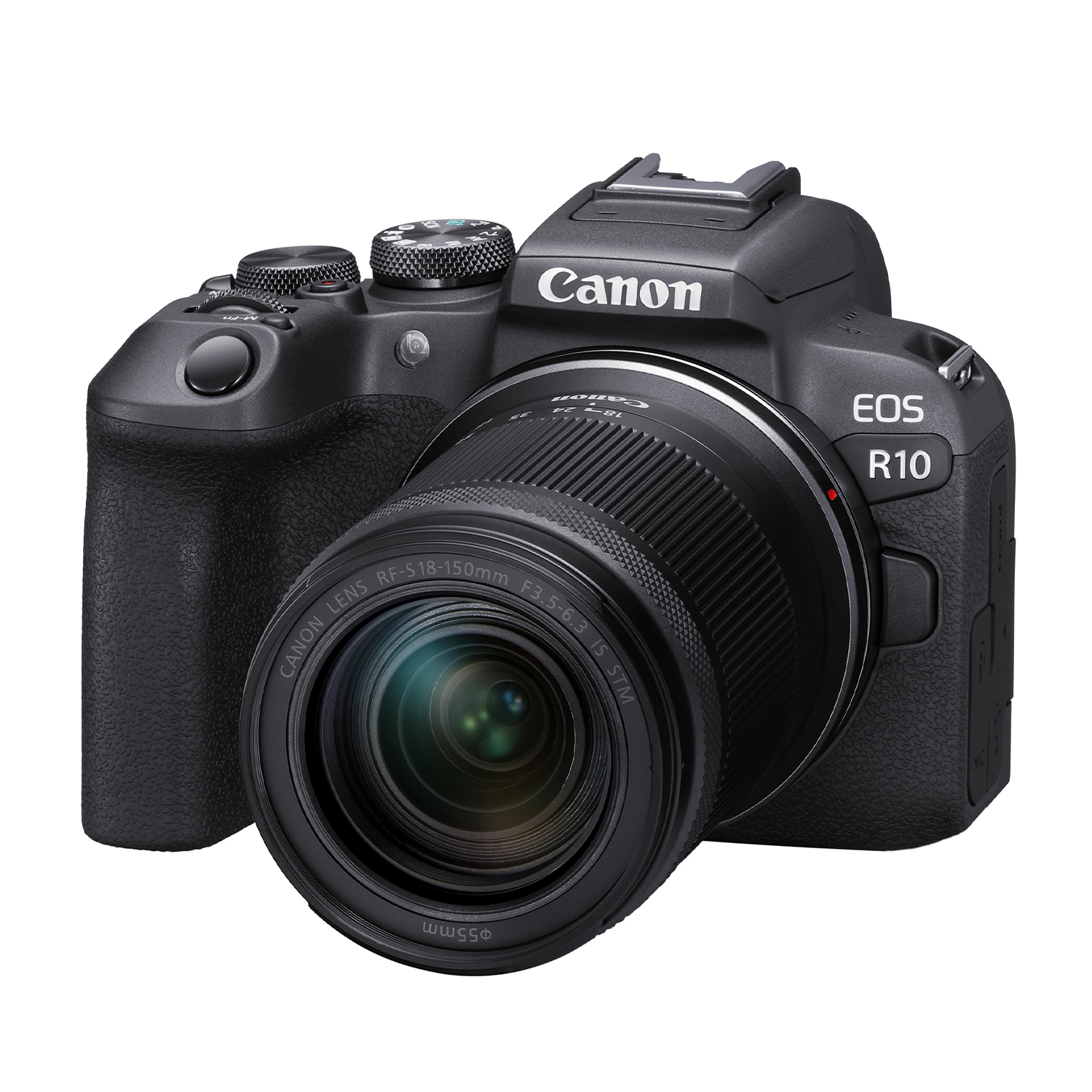 Fotocamera Canon EOS R10 nera con obiettivo montato, angolata verso destra.