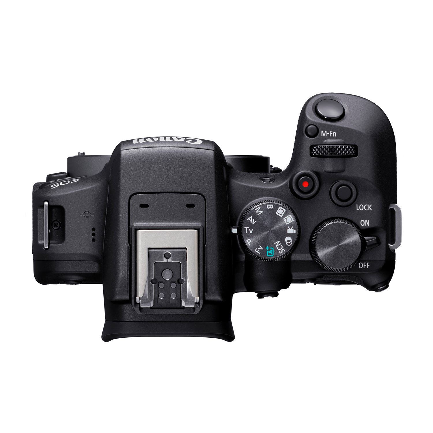 Fotocamera Canon, vista dall'alto. Nera con controlli, ghiere e attacco flash.